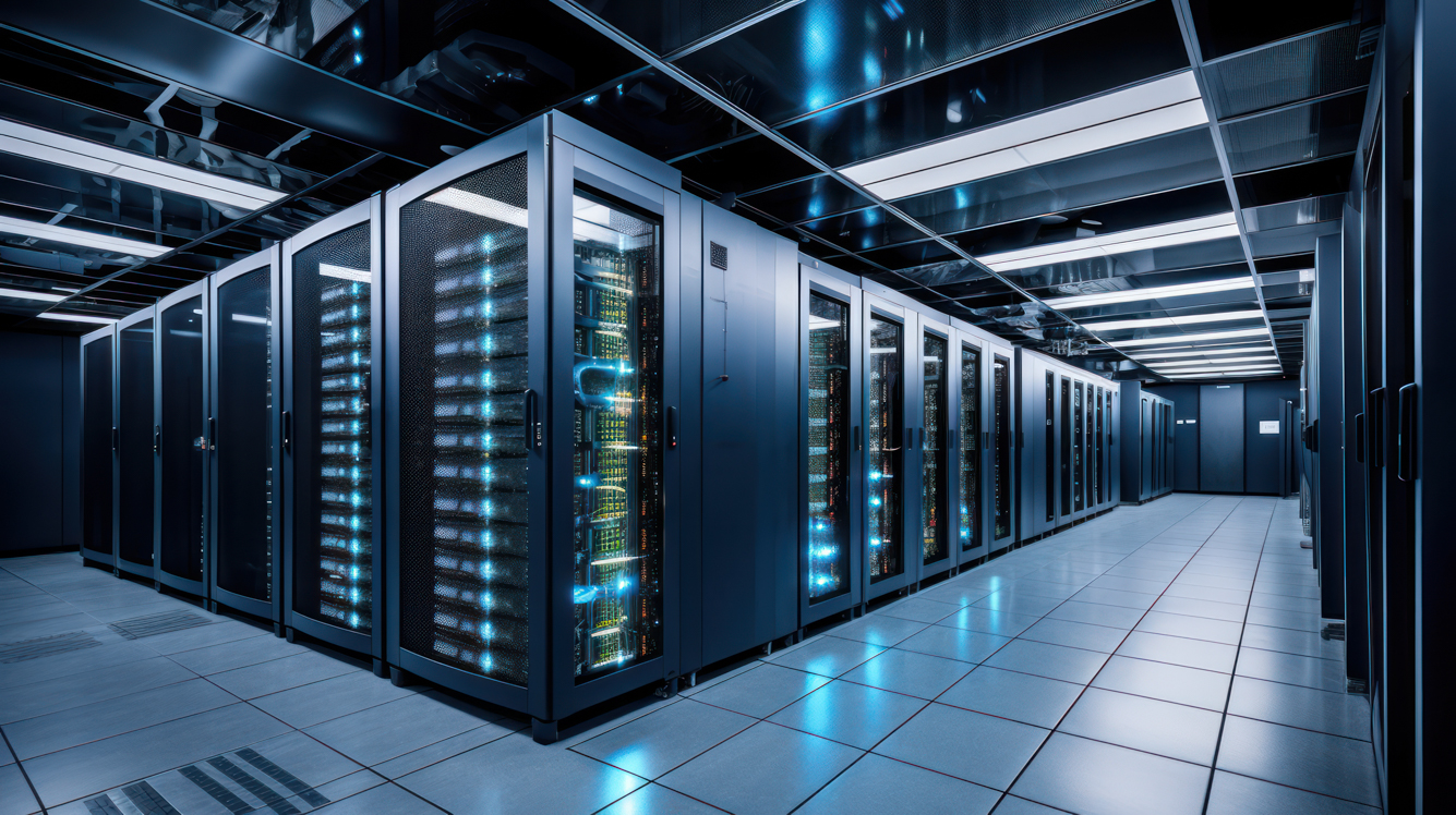 Depict a state of the art data center with rows of server racks,